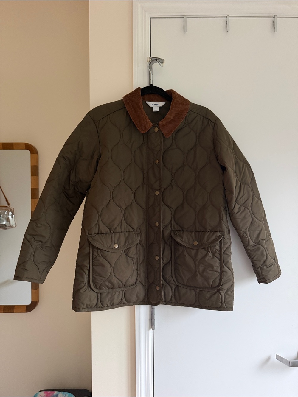 Old Navy Quilted Olive Utility Jacket with Brown Corduroy Collar